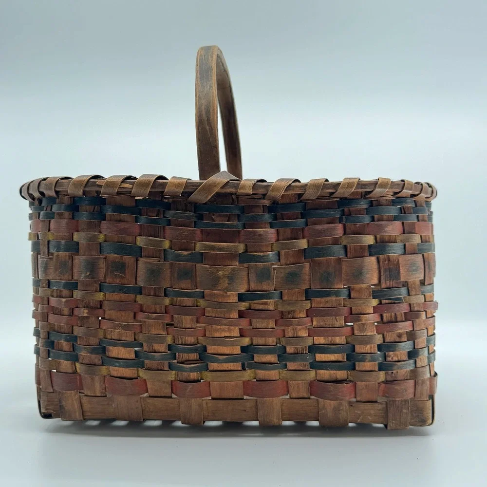 Vtg Hand Woven Splint Oak Gathering Basket Bentwood Handle Primitive Farmhouse
